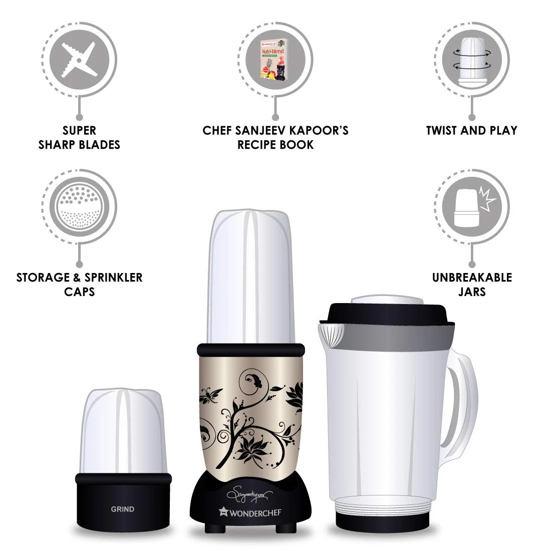 Wonderchef Nutri-Blend 63152294 400-Watt Mixer with 3 Jars (Champagne/Black) - image 3