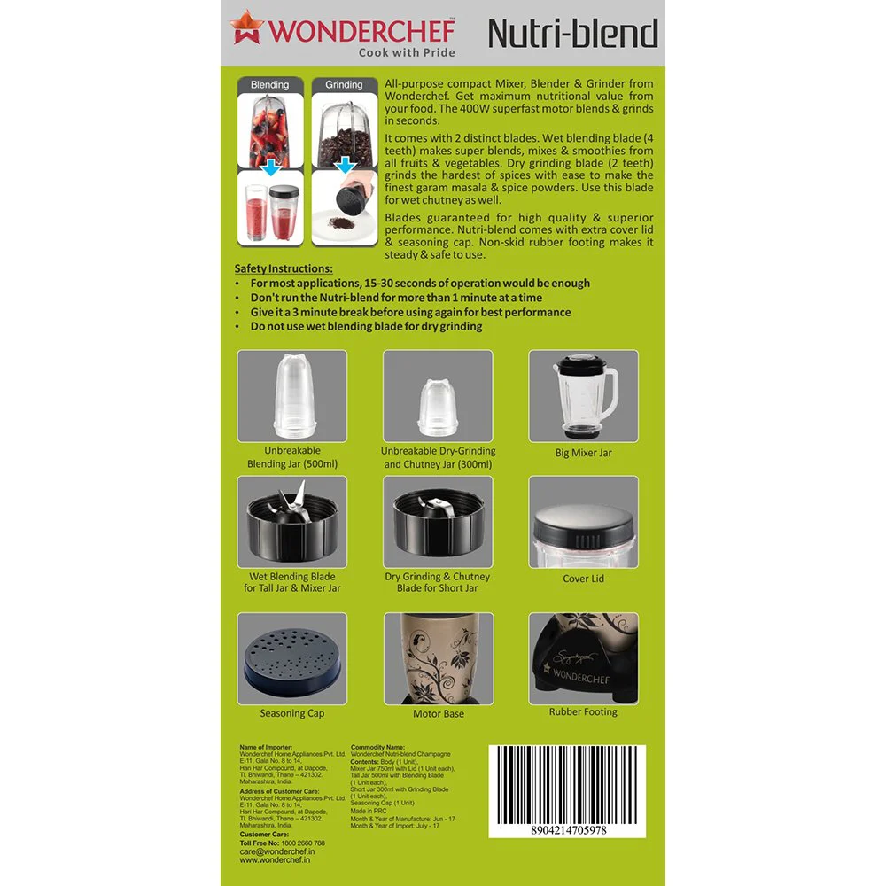 Wonderchef Nutri-Blend 63152294 400-Watt Mixer with 3 Jars (Champagne/Black) - image 5