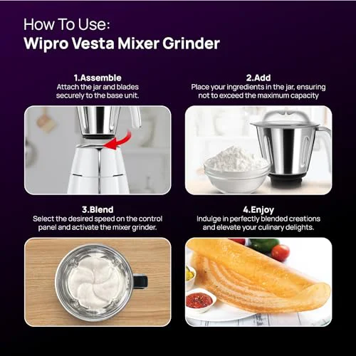 Wipro Elato FMG207 1000 Watt Mixer Grinder with 4 Jars(Wet Grinding Jar (1.5 L) + Dry Grinding Jar (1.2 L) + Chutney Jar (0.5 L) + Juicer (1.2 L)), 100% Copper Motor, 5 Years Motor Warranty,White - image 3