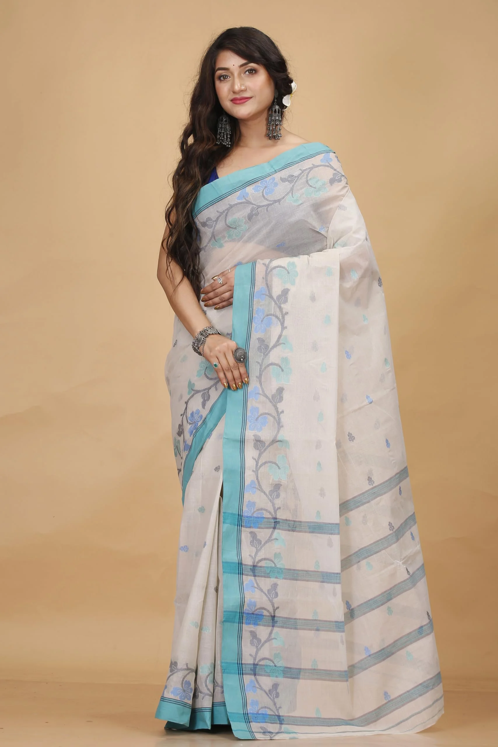 Tant Story Women's Traditional Bengal Trending Tant Handloom Pure Cotton Tangail Saree without Blouse Piece (Off White) - image 4
