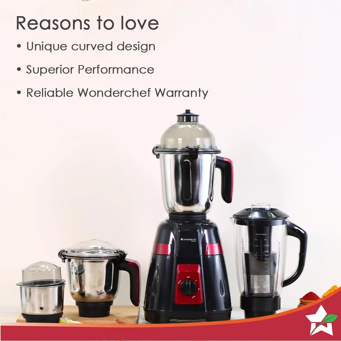Wonderchef Platinum 750W Mixer Grinder | 4 Stainless Steel Jars with Fruit Filter Jar | Powerful 750W motor | 3-Speed & Pulse Function | Anti Skid Feets | 5 years warranty on motor | Black & Red - image 4