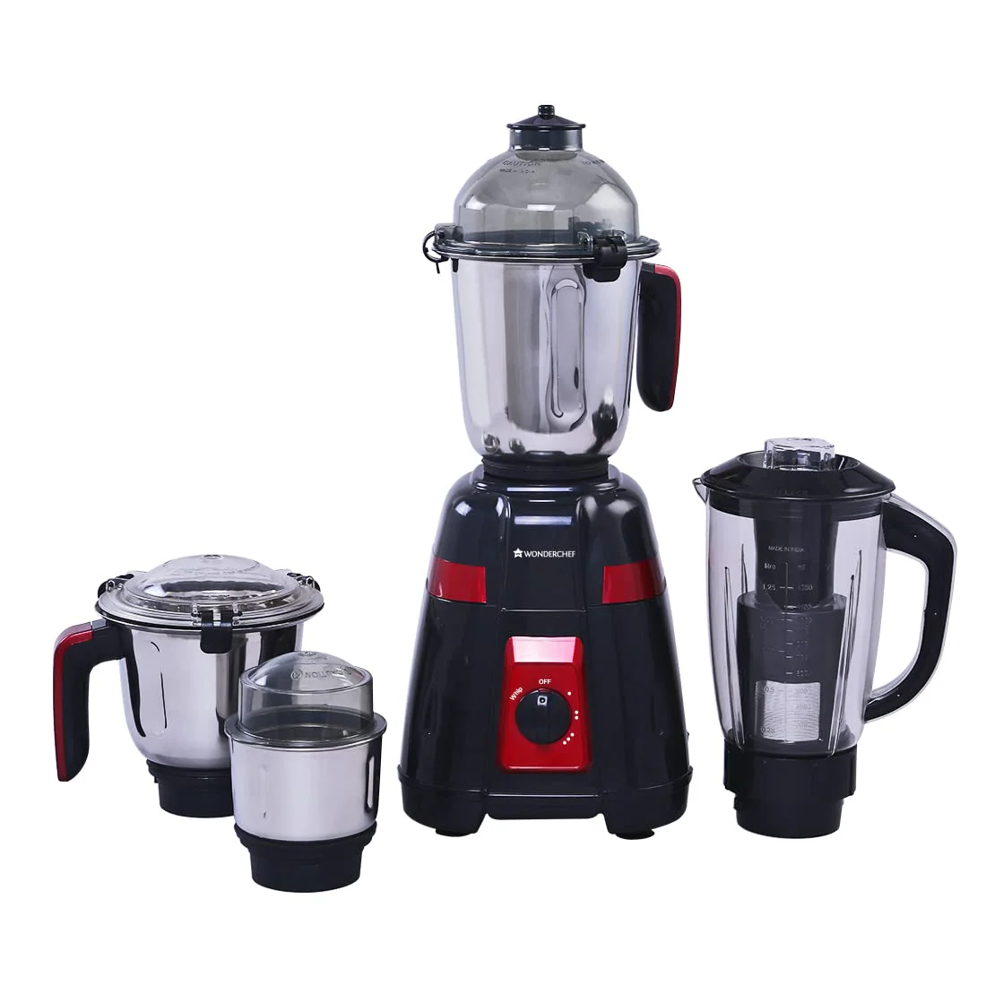 Wonderchef Platinum 750W Mixer Grinder | 4 Stainless Steel Jars with Fruit Filter Jar | Powerful 750W motor | 3-Speed & Pulse Function | Anti Skid Feets | 5 years warranty on motor | Black & Red - image 1