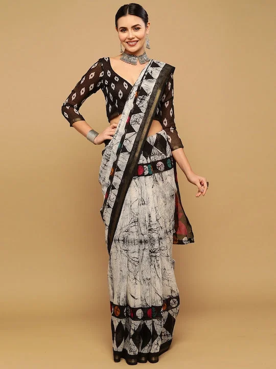 White & Gold-Toned Zari Saree - image 3