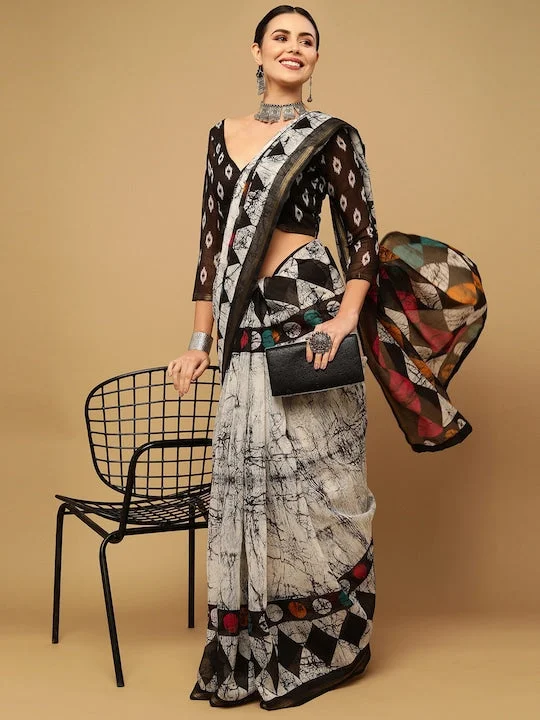White & Gold-Toned Zari Saree - image 4