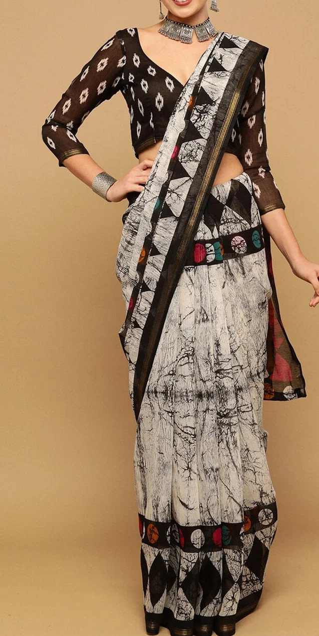 White & Gold-Toned Zari Saree - image 5