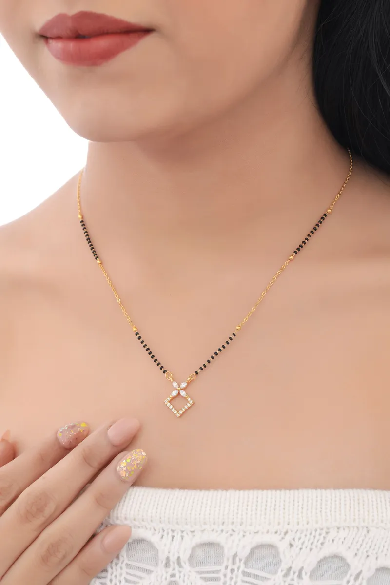 Buy 1 Get 1 Free - Minimal Diamond-Shaped CZ Mangalsutra Necklace (Black Beads Chain)