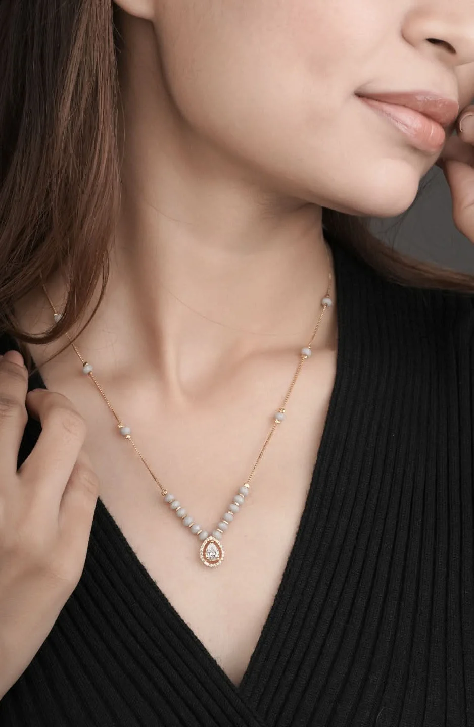 Fancy High Gold Plated Oval Shape White Stone Chain Pendant