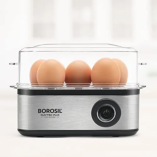 Borosil Electric Egg Boiler, 8 Egg Capacity, For Hard, Soft, Medium Boiled Eggs, Steamed Vegetables, Transparent Lid, Stainless Steel Exterior (500 Watts)