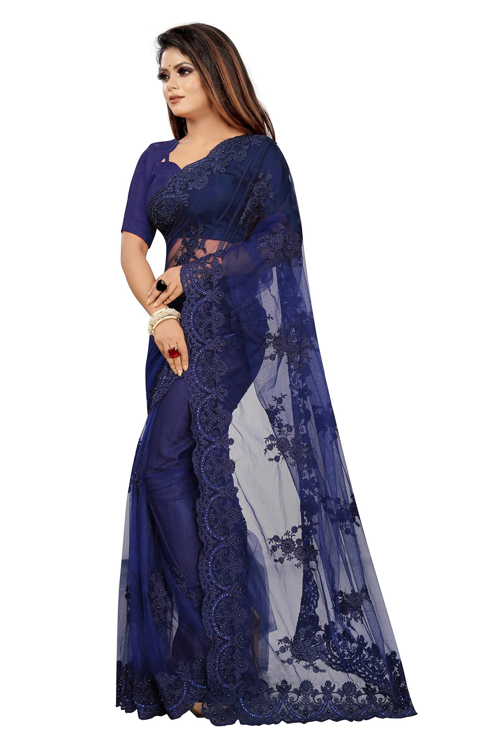 Vastraani Women's Cut Wok Embroidered Woven Net Saree with Blouse Piece (Blue, Free Size) - image 5