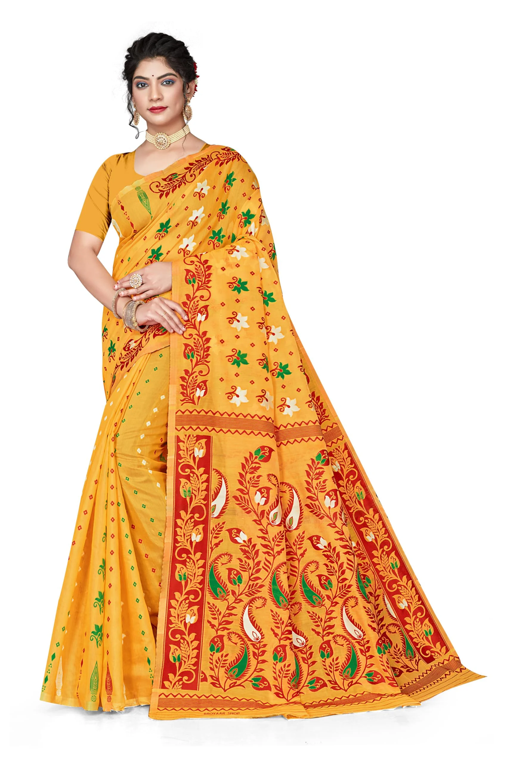 BROYAAR SHOP Women Soft Resham Dhakai Jamdani Relaxed Fit Blend Silk Saree Whole Body Design Without Regular Fit Blouse Piece(Gold)