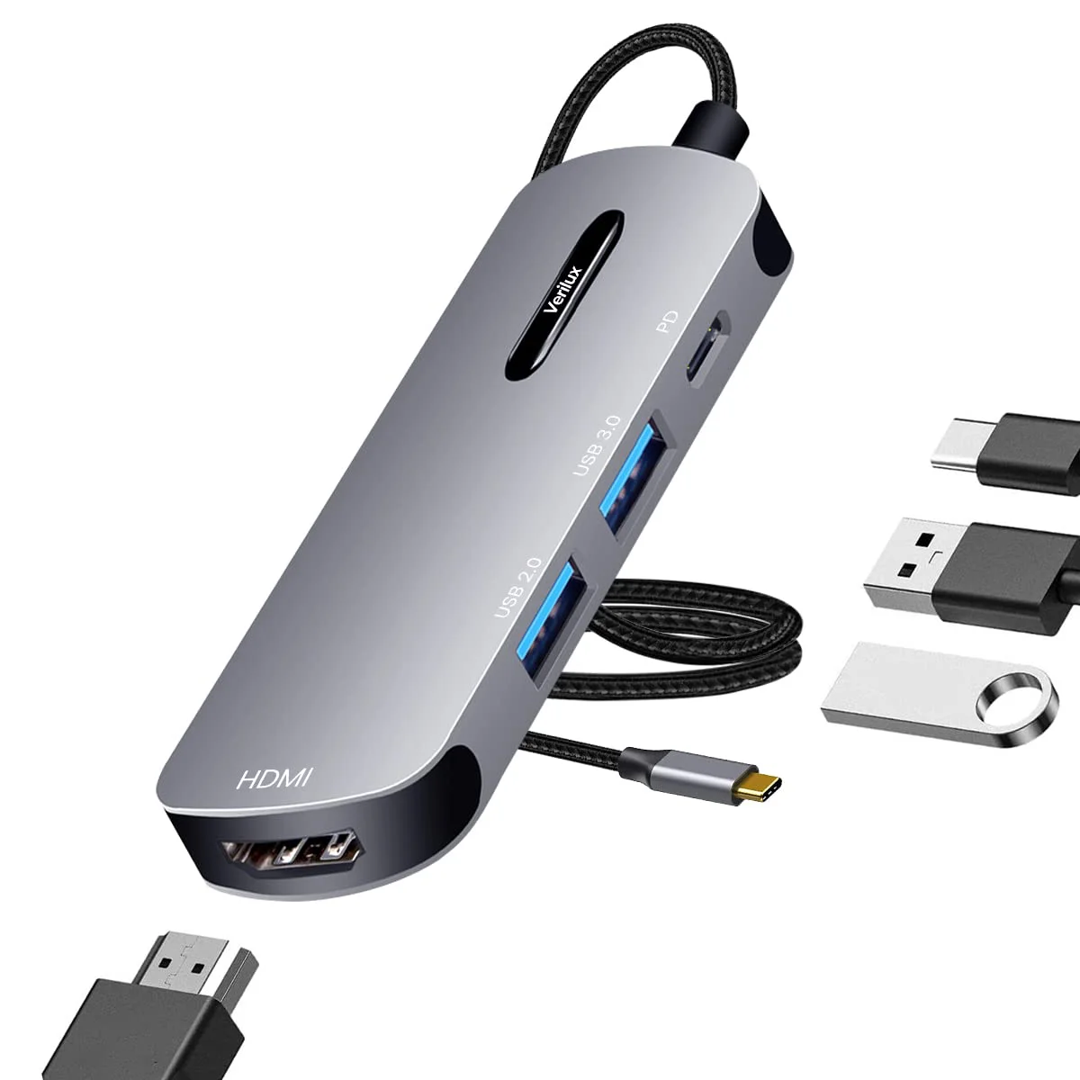 Verilux® USB C HUB 4 in 1 USB C to HDMI Adapter with 4K@30Hz HDMI 2.0/3.0 USB Adapter Multiple Port USB Type C Hub for Laptop with PD 100W & USB C Data Port 20CM USB Hub Long Cable for MacBook Pro Air - image 2