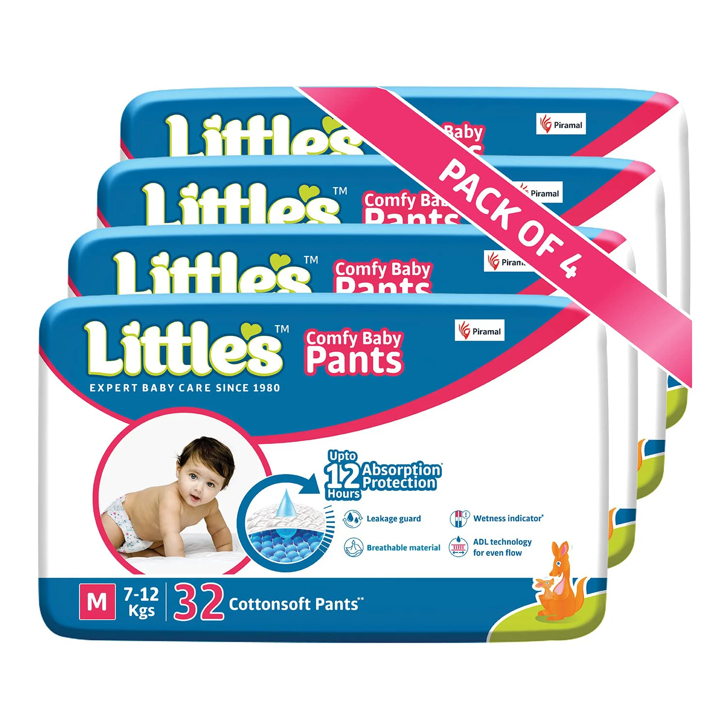 Little's Baby Pants Diapers Medium (M), 7-12 kg, 128 Count with Wetness Indicator and 12 Hours Absorption