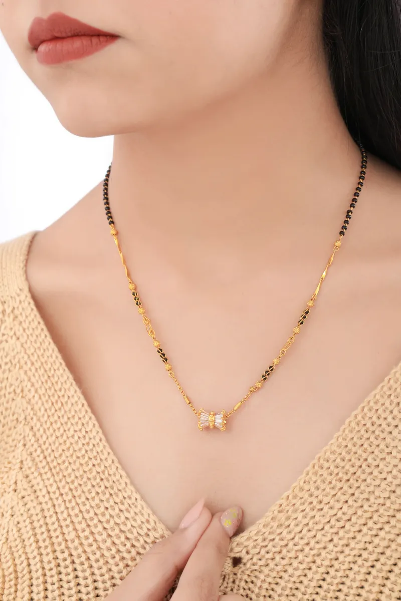 Buy 1 Get 1 Free - Minimal Bow Design Diamond Style Black Beads Mangalsutra