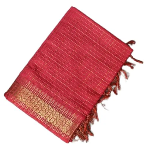 Zafreen Handloom | Women's Checks And Designer Boder Woven Cotton Silk Saree With Running Blouse pieces_Free Size (Pink) - image 4