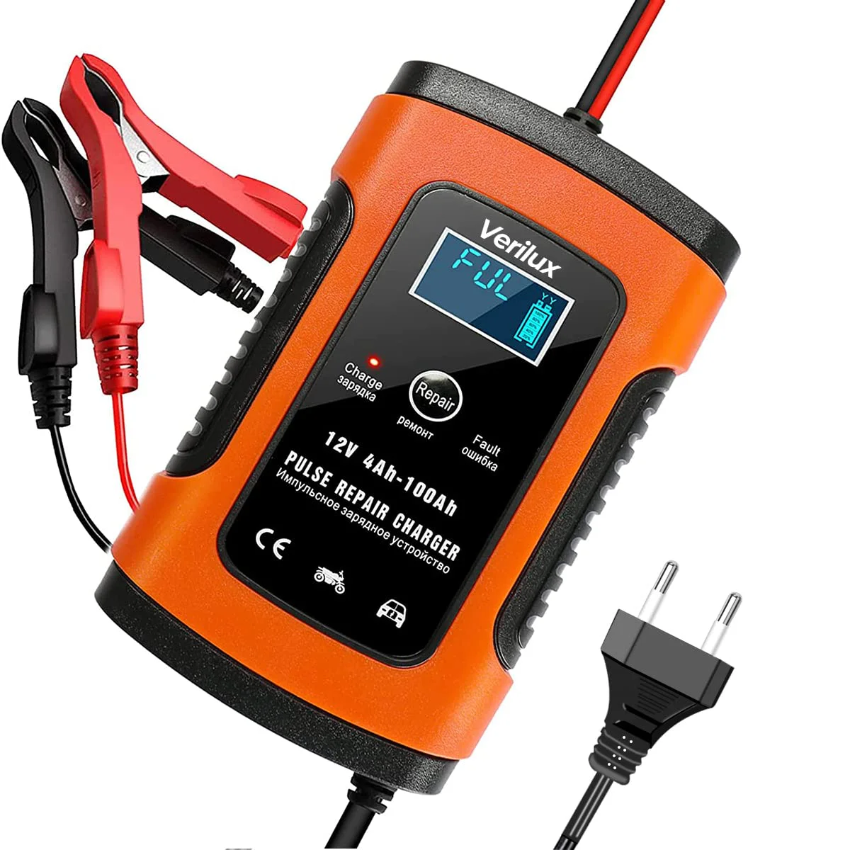 Verilux® Fully Automatic Battery Charger 5A 12V, Car Battery Charger & Maintainer- EU Plugfor Car, Motorcycle, Lawn Mower and More(Red) - image 2