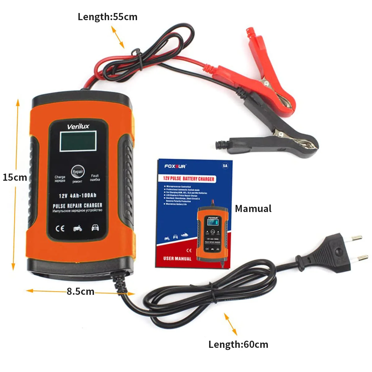 Verilux® Fully Automatic Battery Charger 5A 12V, Car Battery Charger & Maintainer- EU Plugfor Car, Motorcycle, Lawn Mower and More(Red) - image 3