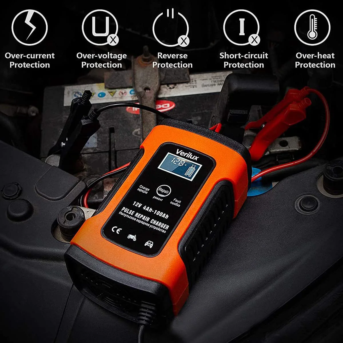Verilux® Fully Automatic Battery Charger 5A 12V, Car Battery Charger & Maintainer- EU Plugfor Car, Motorcycle, Lawn Mower and More(Red) - image 4