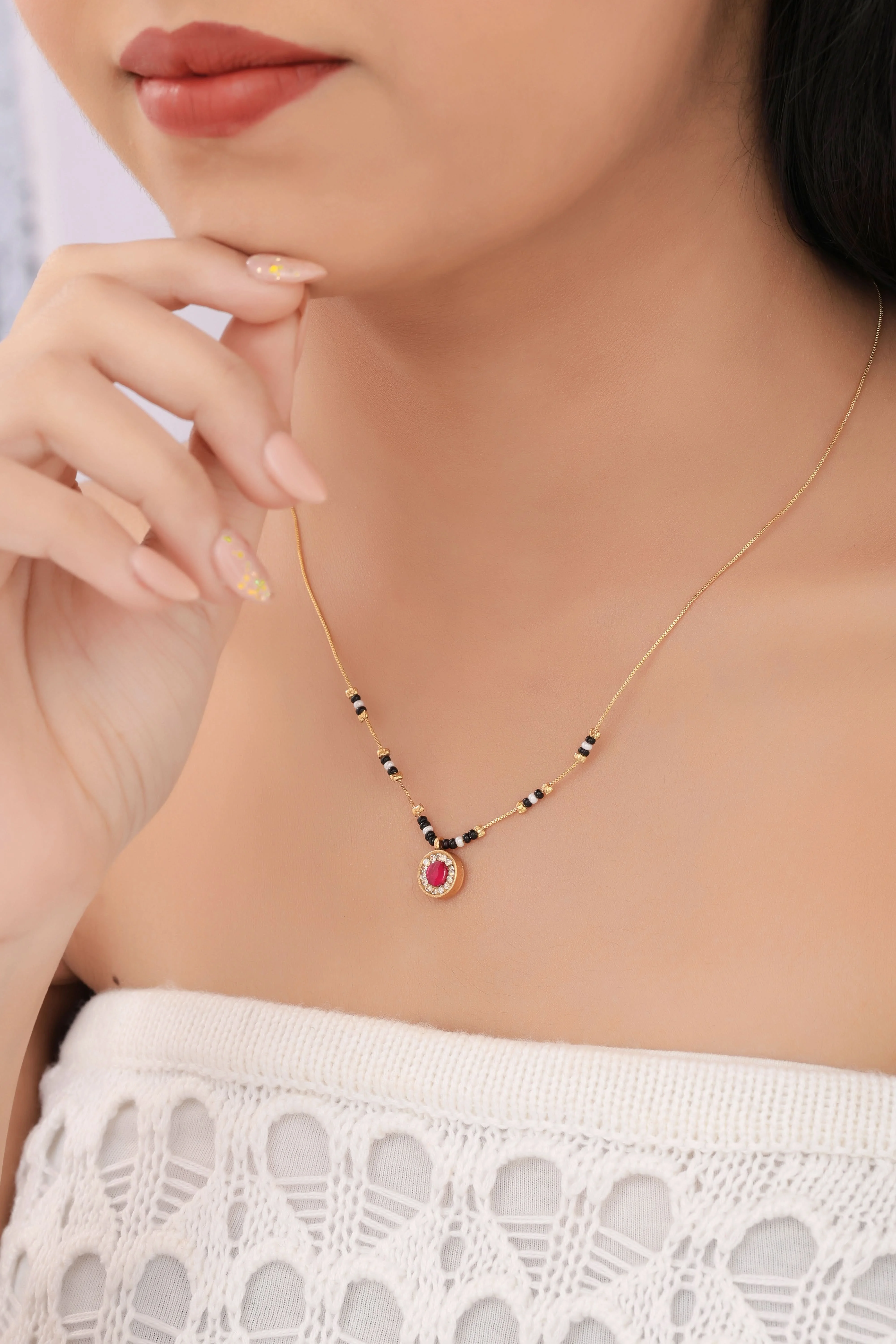 Buy 1 Get 1 Free - Ruby Oval Stone Minimal Mangalsutra Necklace