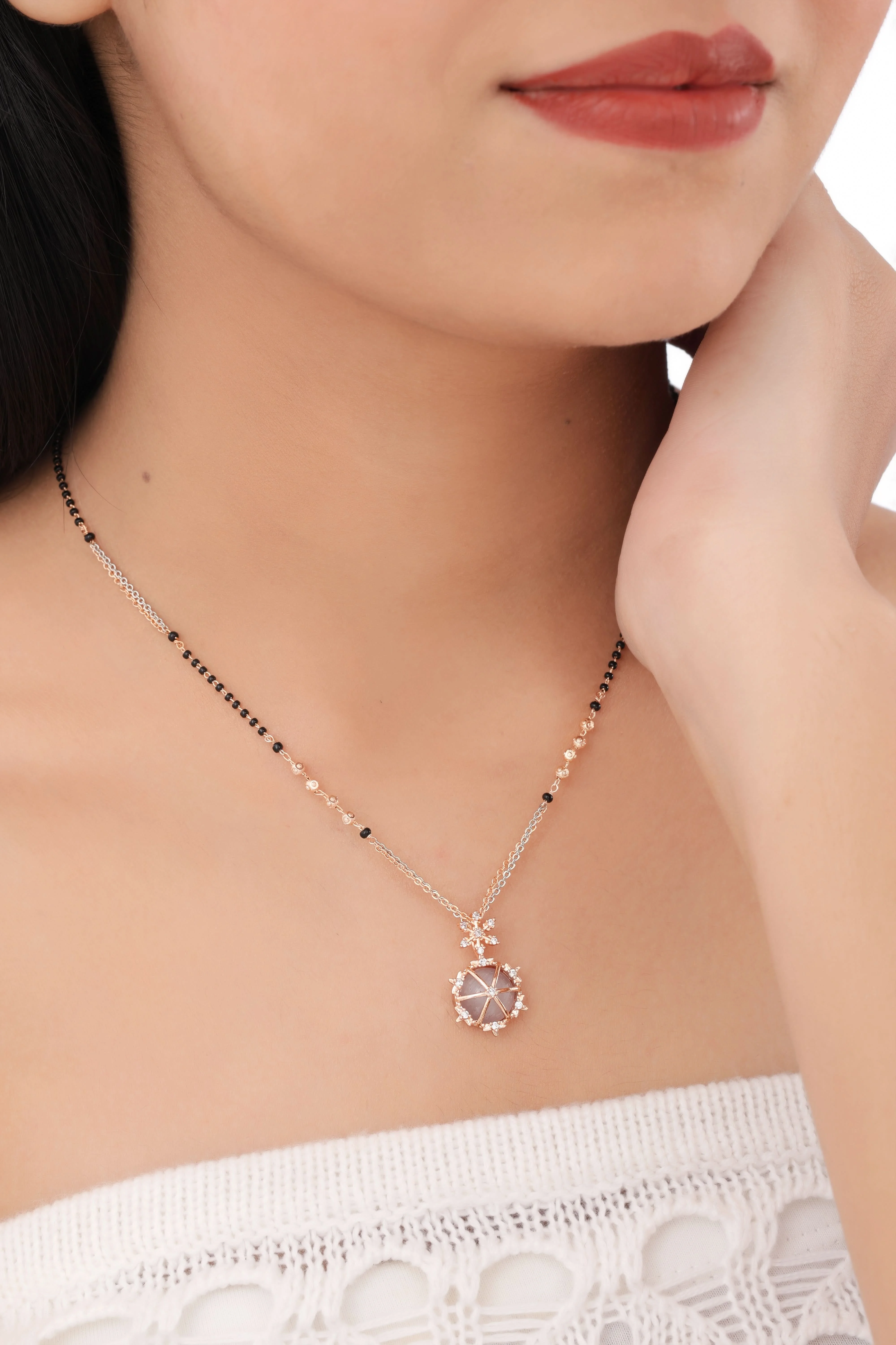 Buy 1 Get 1 Free - Starburst Halo CZ Pendant Mangalsutra – Rose Gold Dual-Tone Black Beads Chain