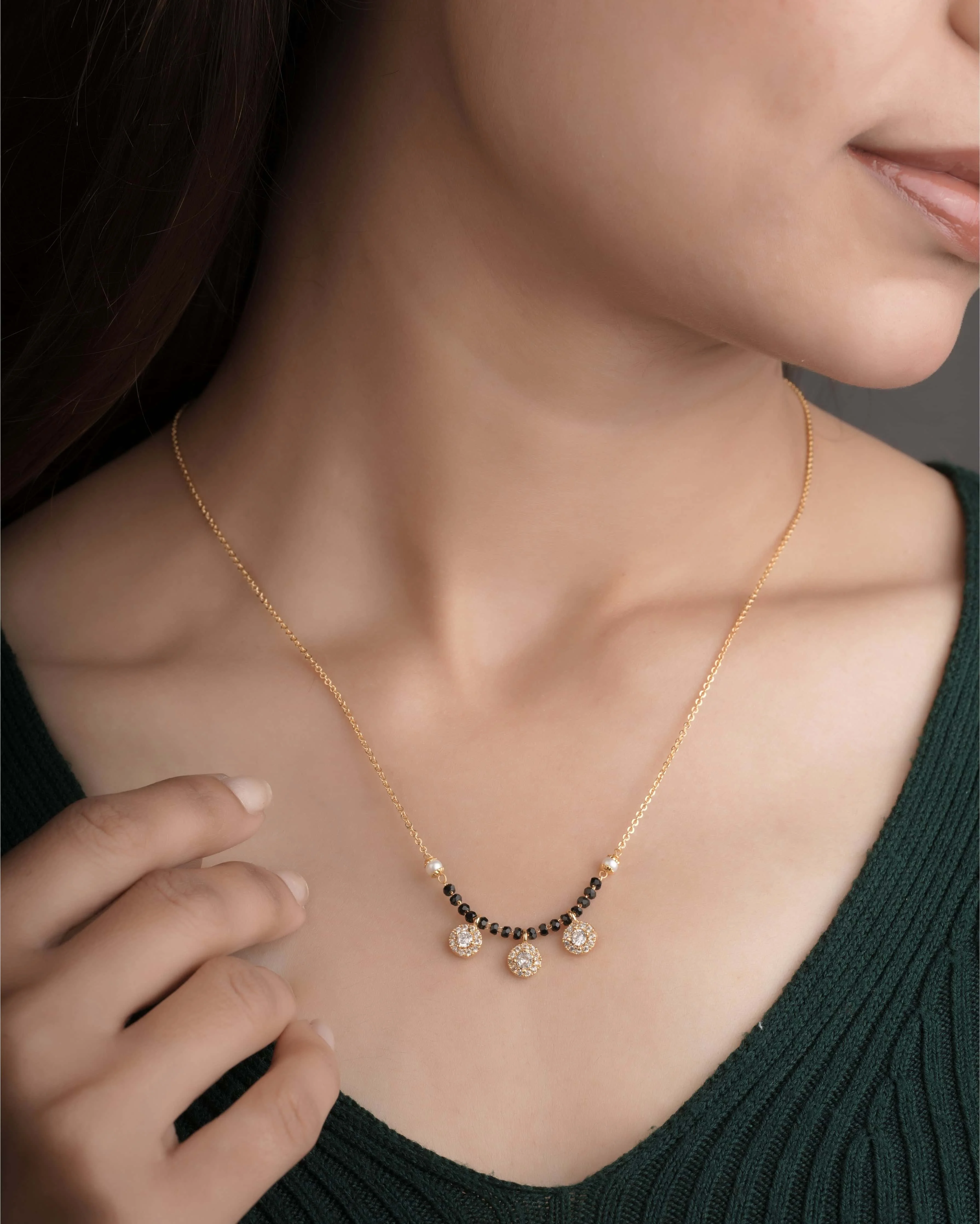 Buy 1 Get 1 Free -Triple Floral Charm Black Bead Mangalsutra