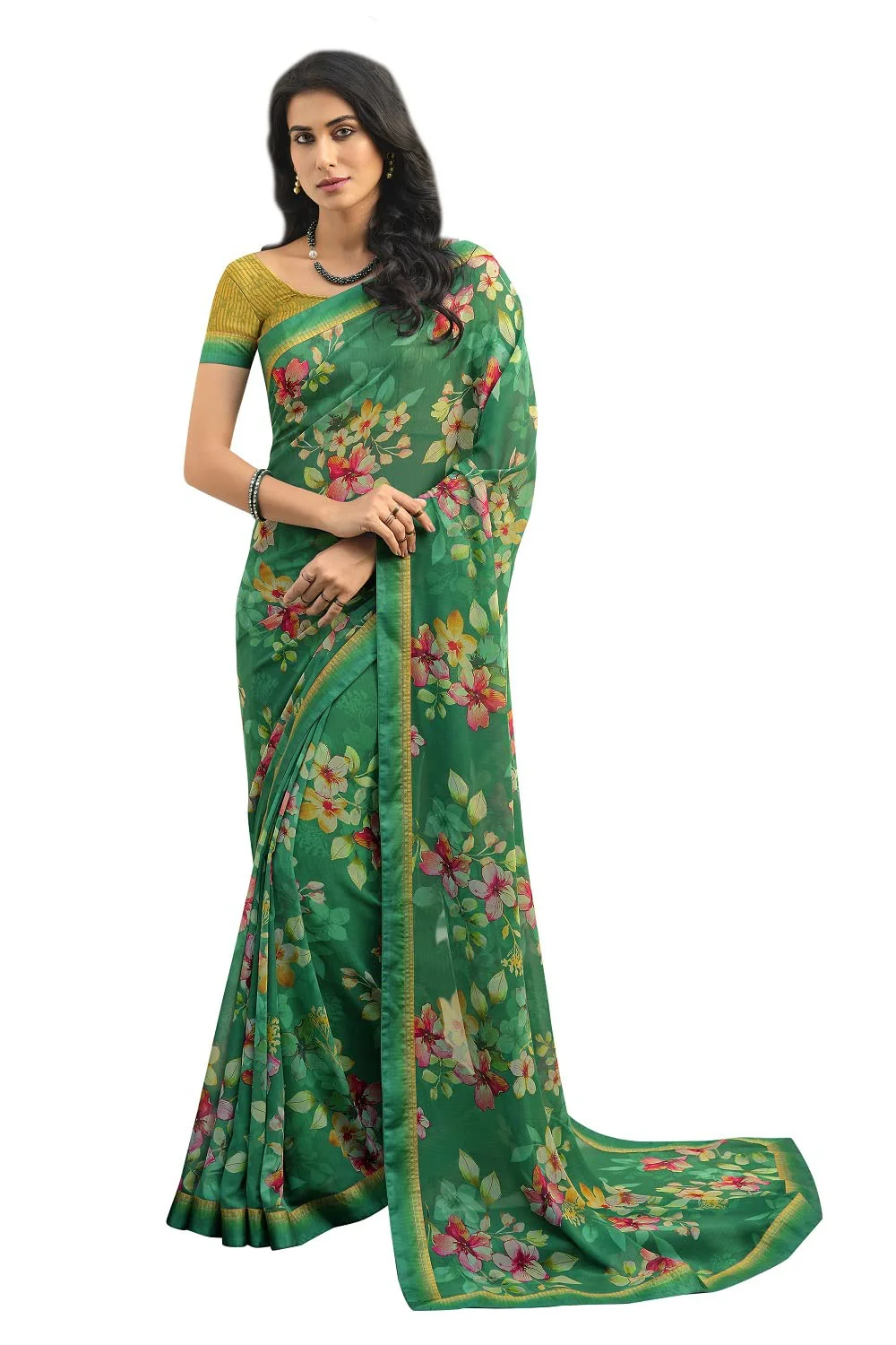 ROOP SUNDARI SAREES Women's Floral Printed Georgette Stylish Saree For Women With Lace Work Blouse(A52 GREEN_Multicolored_Free Size 6.30 Mtr)