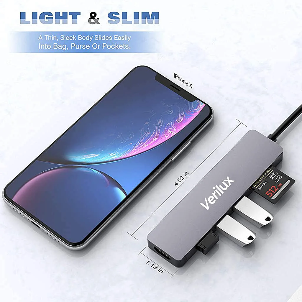 Verilux® USB C Hub Multiport Type C Hub - 6 in 1 Portable Aluminum USB C Adapter with 4K HDMI Output, USB 3.0/2.0 Ports, SD/Micro SD Card Reader Compatible for MacBook Pro, MacBook Air, USB C Devices - image 4