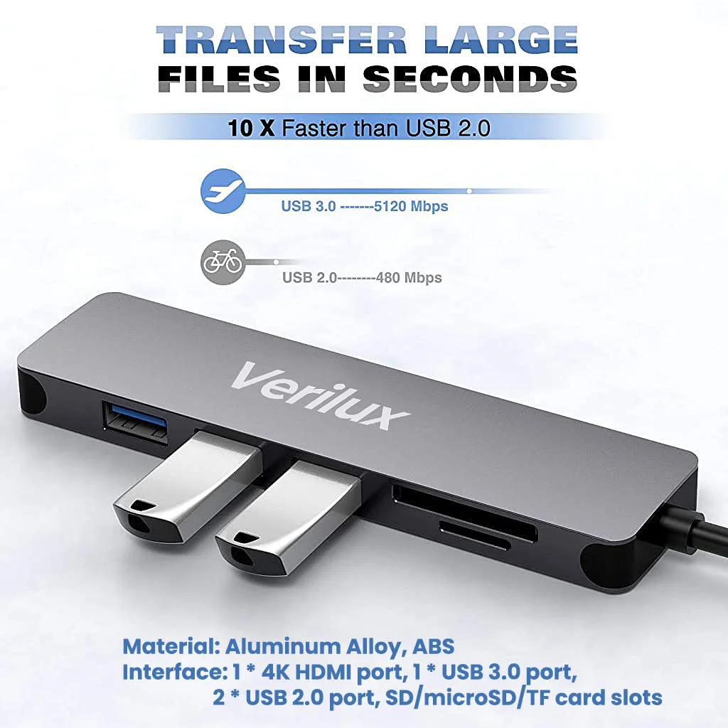 Verilux® USB C Hub Multiport Type C Hub - 6 in 1 Portable Aluminum USB C Adapter with 4K HDMI Output, USB 3.0/2.0 Ports, SD/Micro SD Card Reader Compatible for MacBook Pro, MacBook Air, USB C Devices - image 5