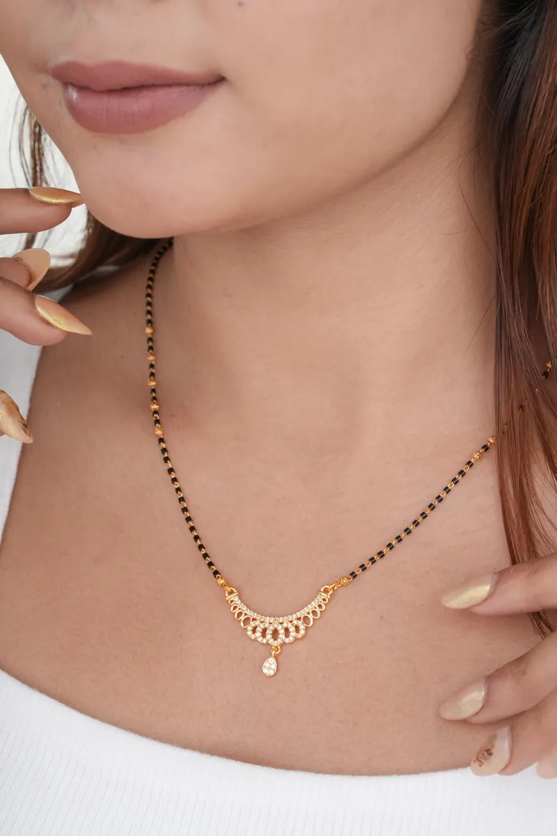 Gold Finish Scallop Arc Crystal Drop Minimal Mangalsutra