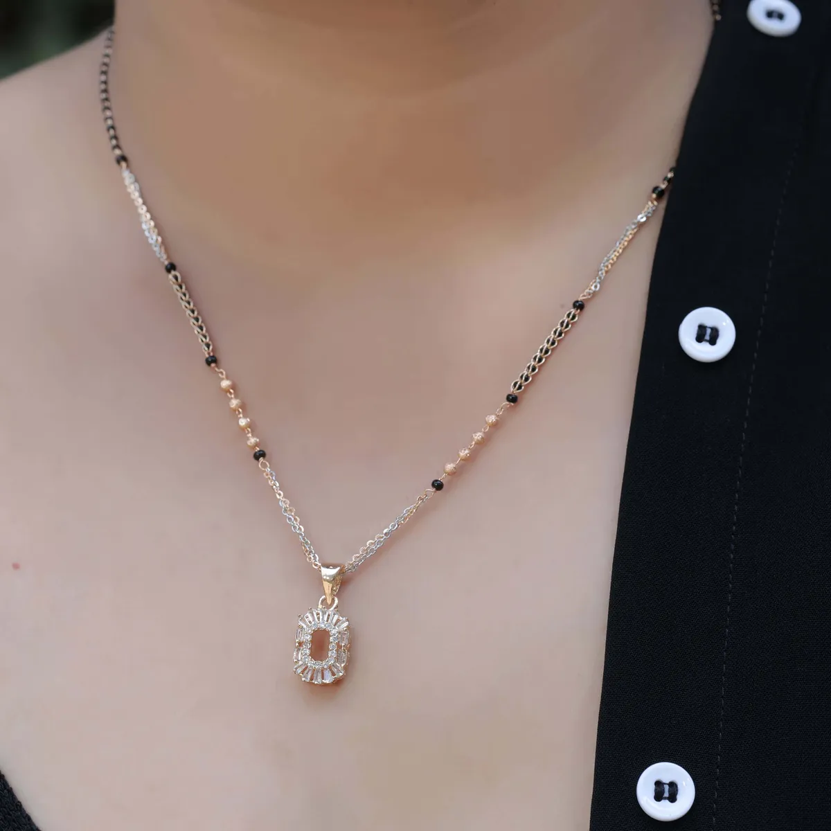 Buy 1 Get 1 Free -Emerald Cut Halo Pendant Mangalsutra