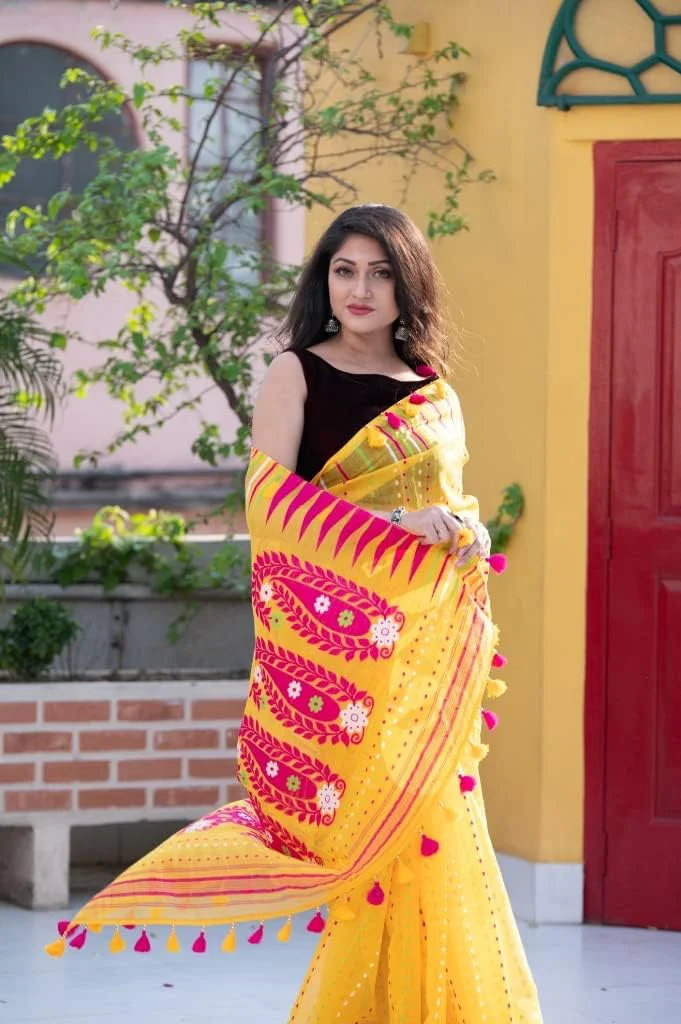 Rupanjali Jamdani Handloom Woven Pure Cotton Soft Light Weight Saree for Women (YELLOW 01) - image 3