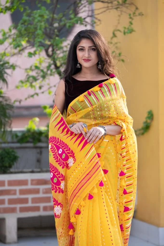 Rupanjali Jamdani Handloom Woven Pure Cotton Soft Light Weight Saree for Women (YELLOW 01) - image 4