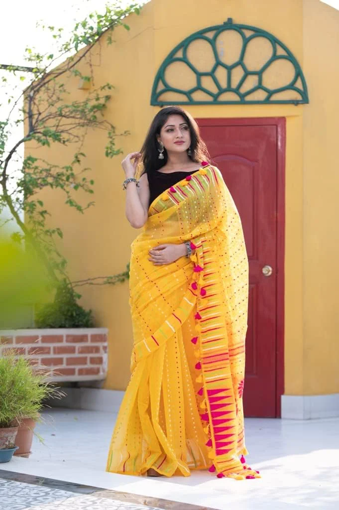 Rupanjali Jamdani Handloom Woven Pure Cotton Soft Light Weight Saree for Women (YELLOW 01) - image 5
