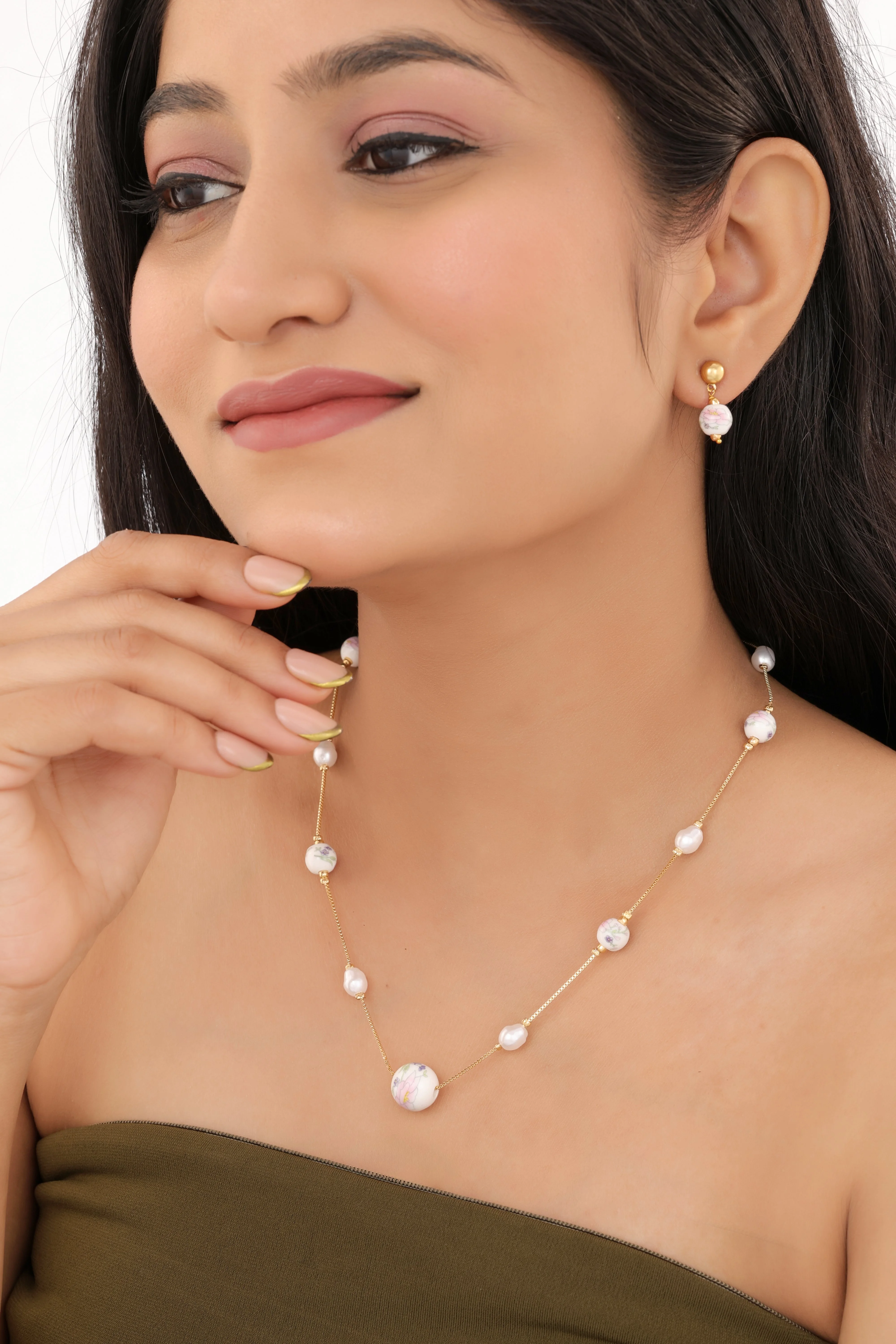 Fancy High Gold Printed Pearl with Earring Western Mala Set