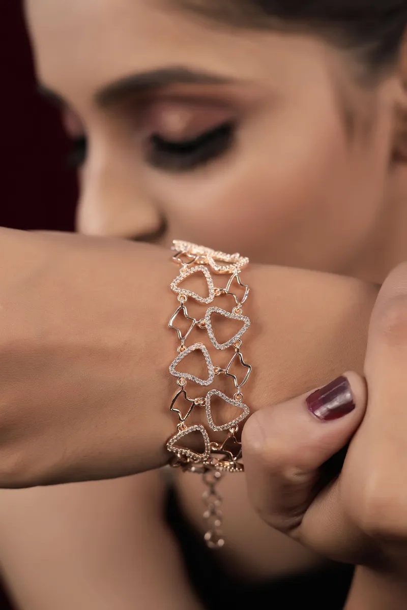 American Diamond Golden And Rose Gold Heart Bracelet