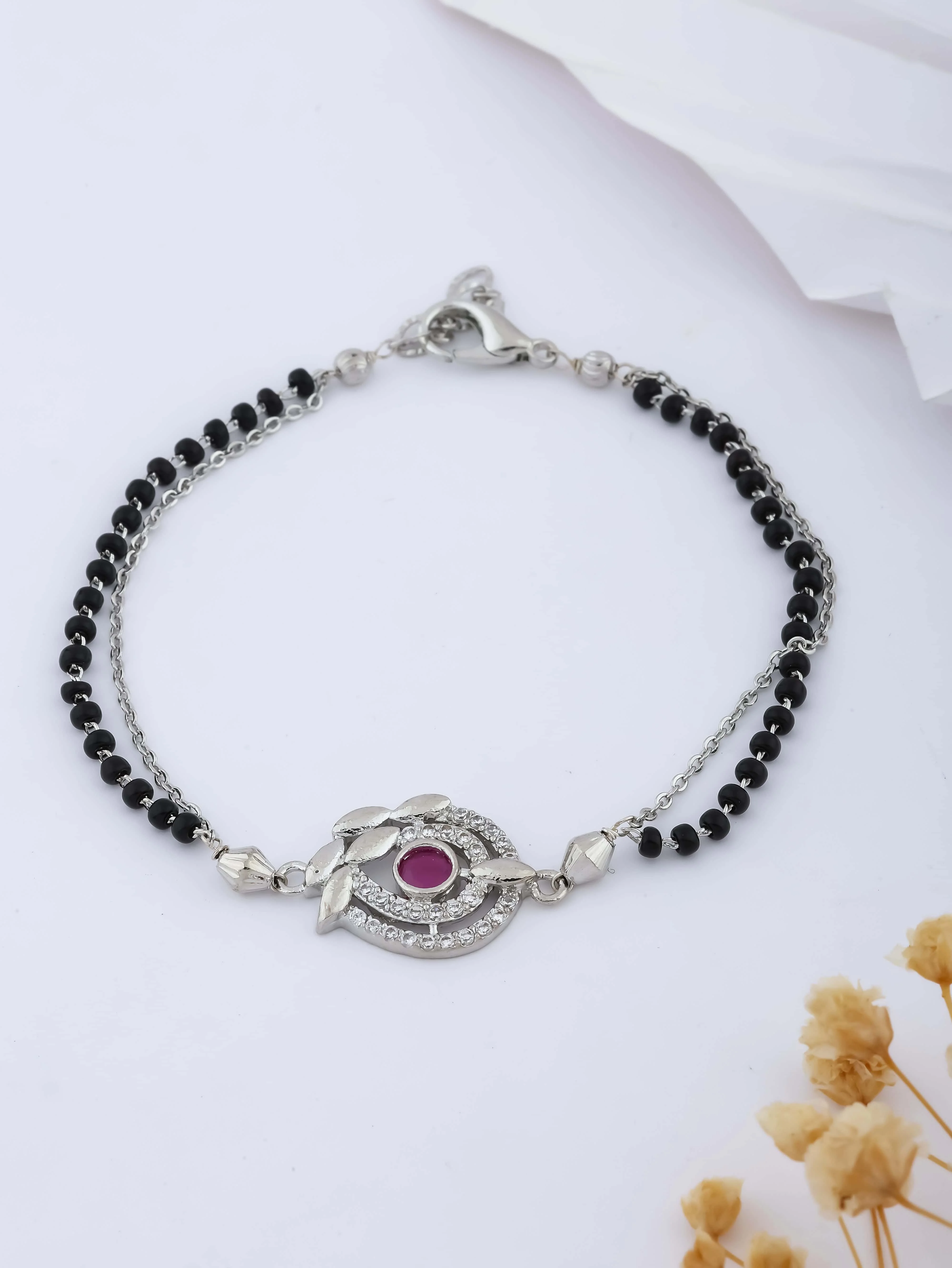 American Diamond Silver Ruby Fancy Delicate Hand Mangalsutra