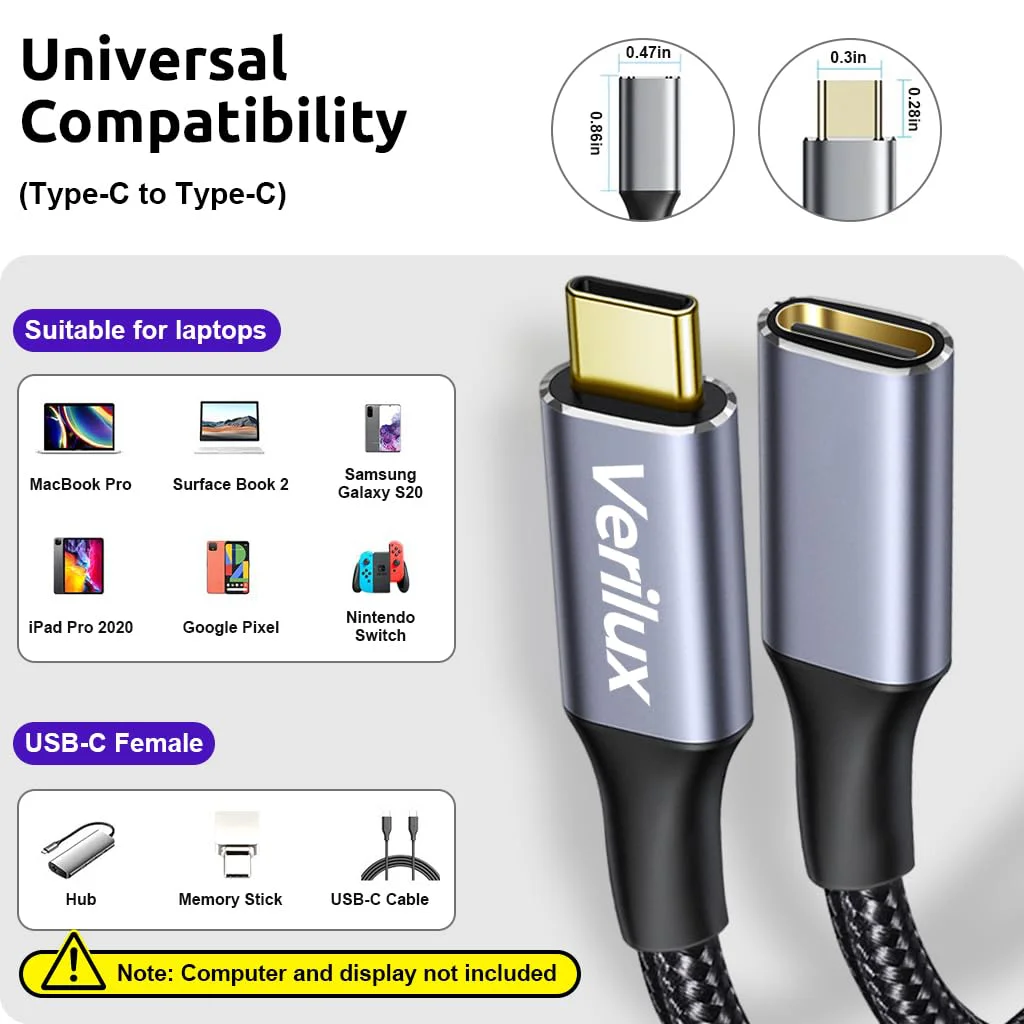 Verilux® USB C Extension Cable, 6.6ft USB Type C Male to Female Cable Support 100W PD Fast Charging, 10Gbps Data Transfer, 4K@60Hz HD Video Output Compatible with iPad Pro, MacBook Pro, Dell - image 3