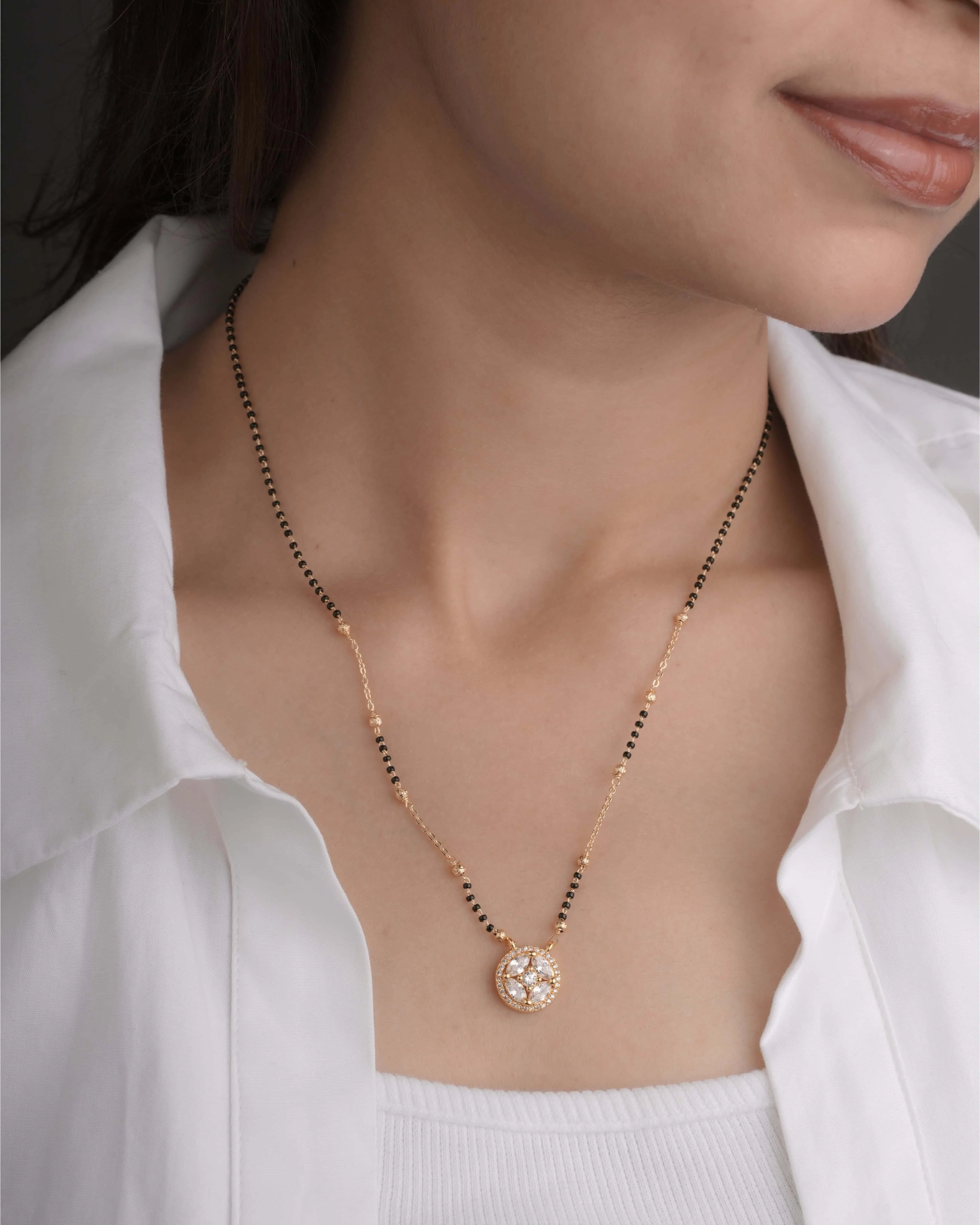 Buy 1 Get 1 Free - Round CZ Solitaire Halo Mangalsutra | Minimal Black Beads Gold Chain Necklace