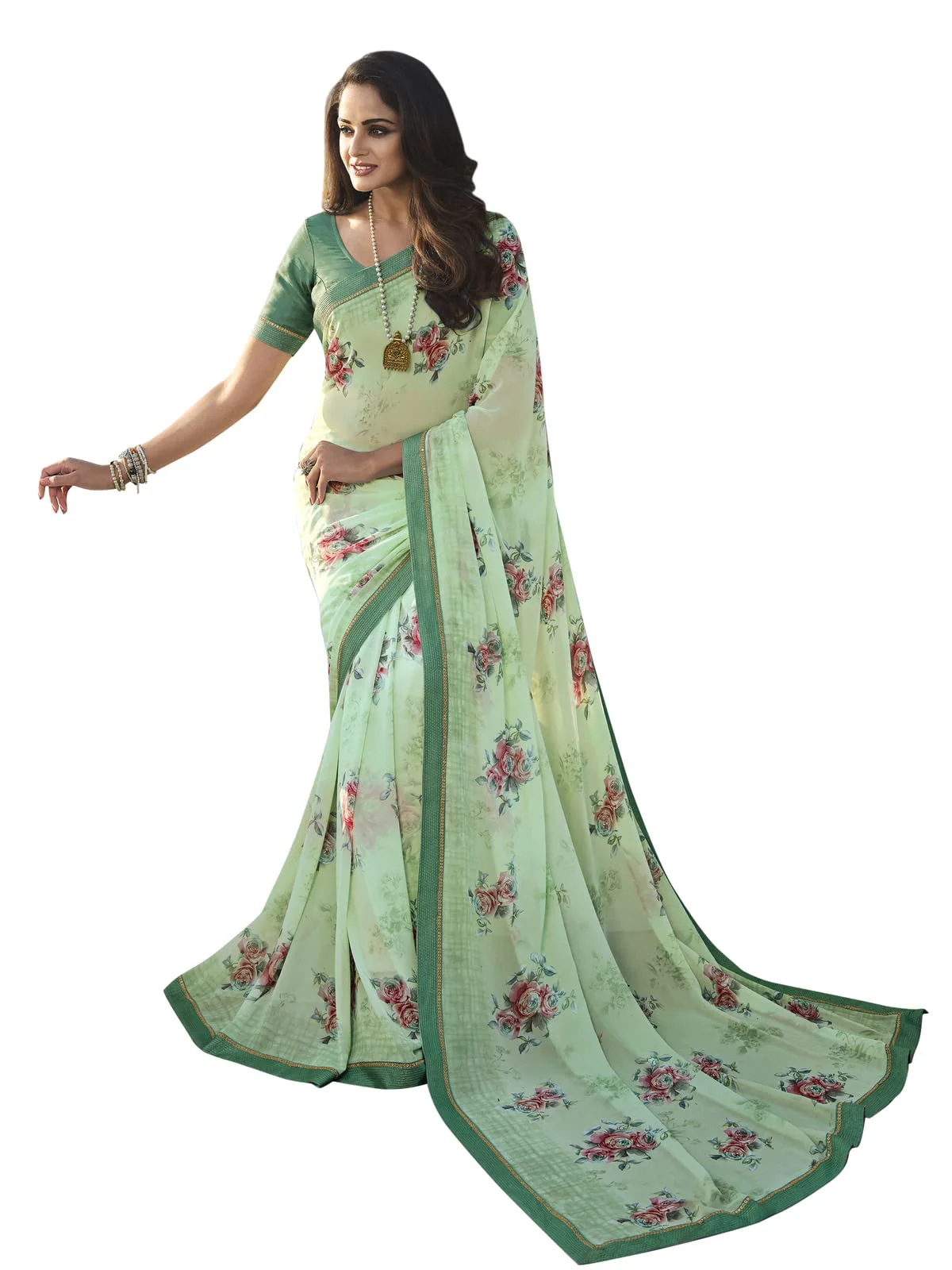 ROOP SUNDARI SAREES Women's Floral Printed Georgette Saree For Women Top Selling Hit Sari Sadi With Dyeable Lace Border With Banglori Blouse(A54 light firozi_Multicolored_Free Size 6.30)