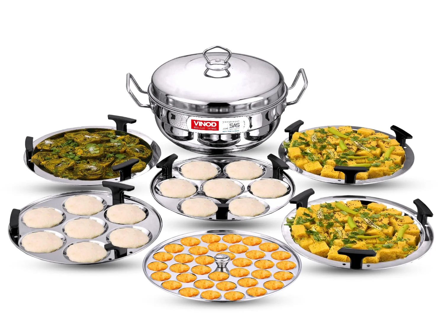 Vinod Stainless Steel Deluxe Multi Kadai with 6 Plates - 26cm, 2 Idli, 2 Dhokla,1 Patra and 1 Mini Idli Plate | Dhokla and Momos Steamer, Maker,Induction Friendly - image 2