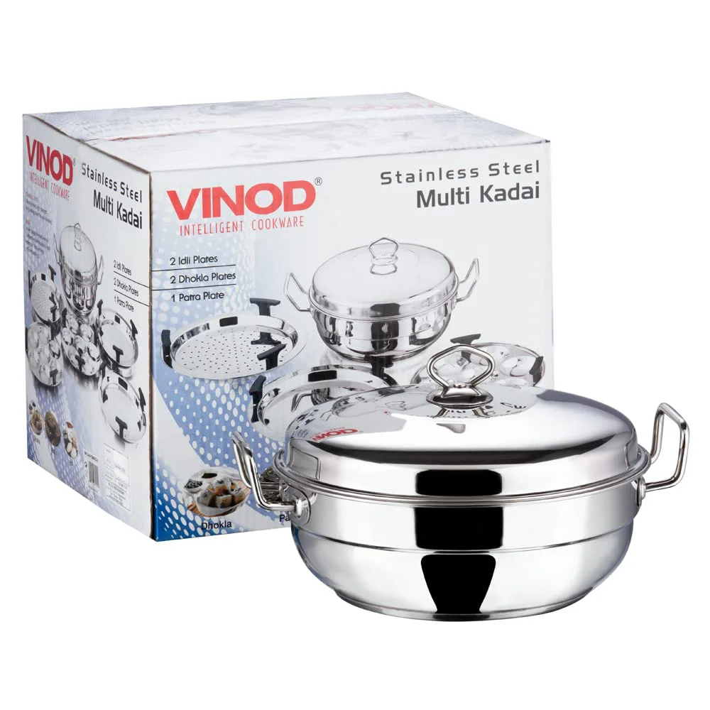 Vinod Stainless Steel Deluxe Multi Kadai with 6 Plates - 26cm, 2 Idli, 2 Dhokla,1 Patra and 1 Mini Idli Plate | Dhokla and Momos Steamer, Maker,Induction Friendly - image 3