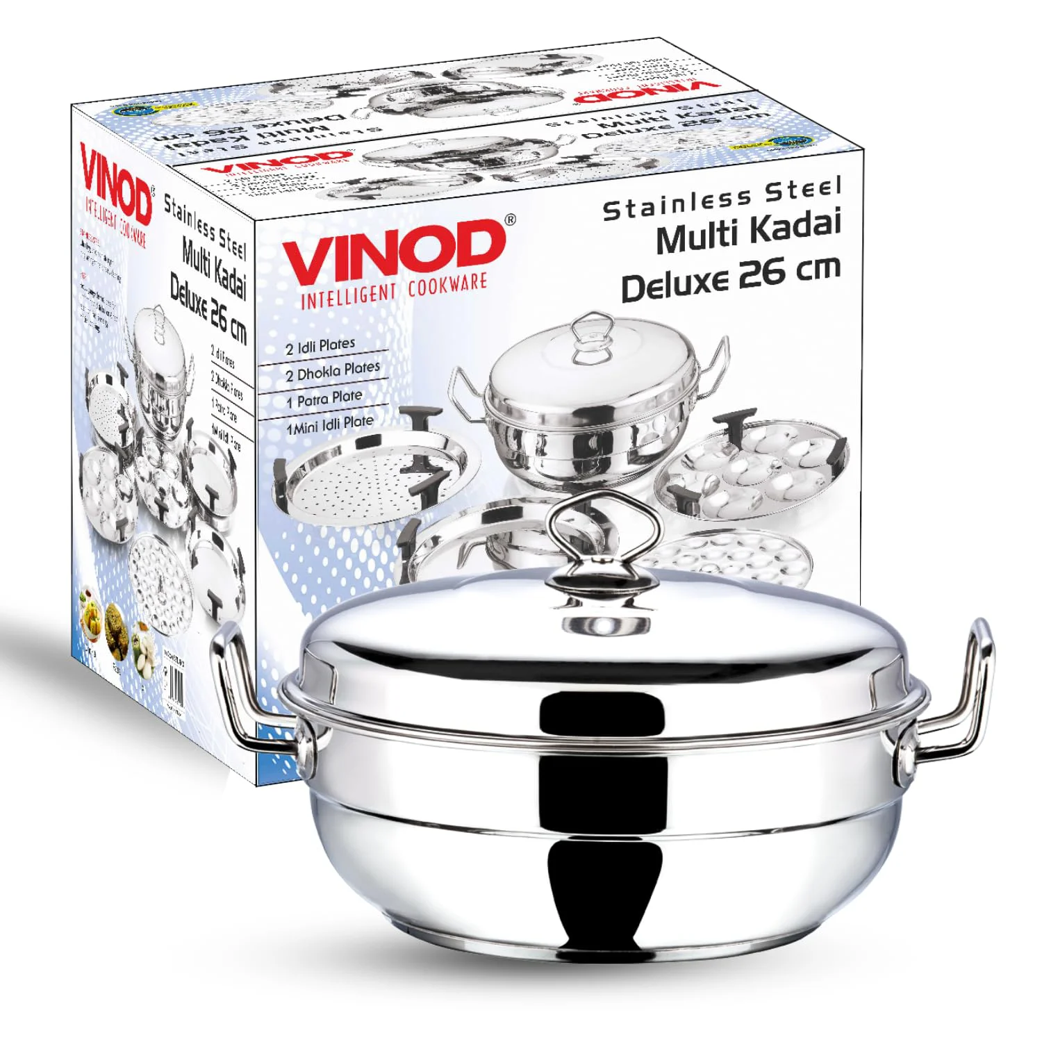 Vinod Stainless Steel Deluxe Multi Kadai with 6 Plates - 26cm, 2 Idli, 2 Dhokla,1 Patra and 1 Mini Idli Plate | Dhokla and Momos Steamer, Maker,Induction Friendly - image 4