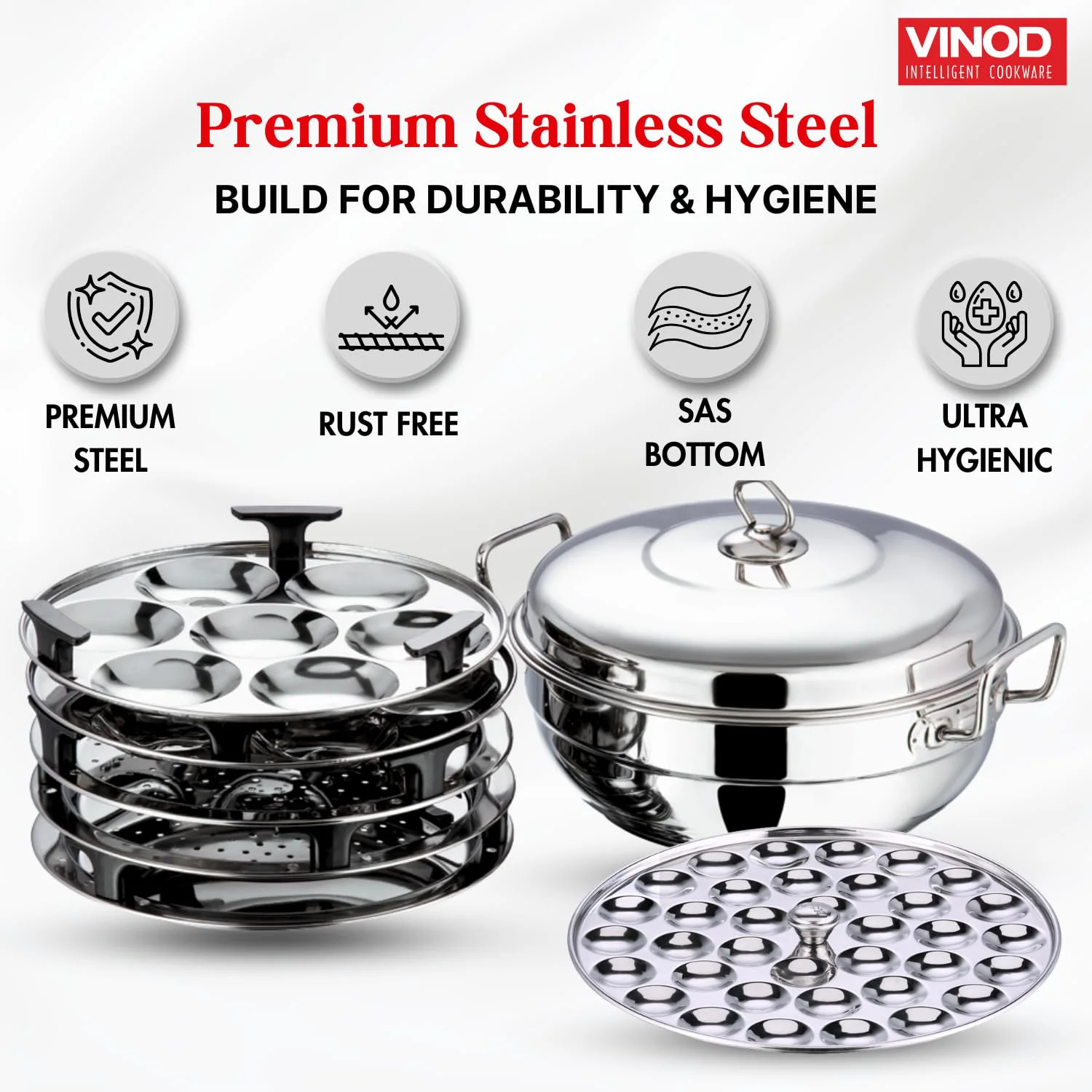 Vinod Stainless Steel Deluxe Multi Kadai with 6 Plates - 26cm, 2 Idli, 2 Dhokla,1 Patra and 1 Mini Idli Plate | Dhokla and Momos Steamer, Maker,Induction Friendly - image 5