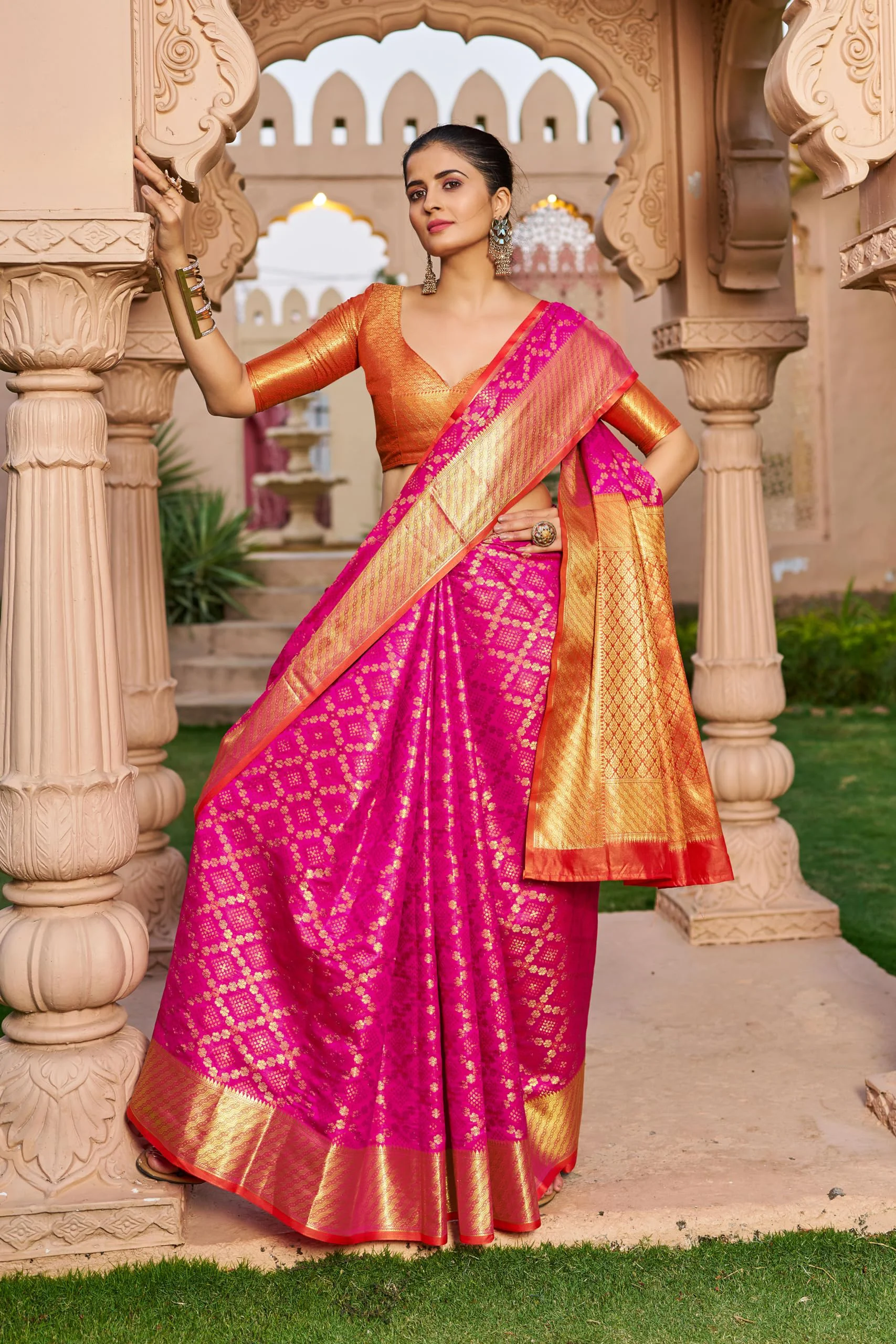 SWORNOF Women's Patola Silk Saree With Unstitched Boluse Piece (RANI) - image 4