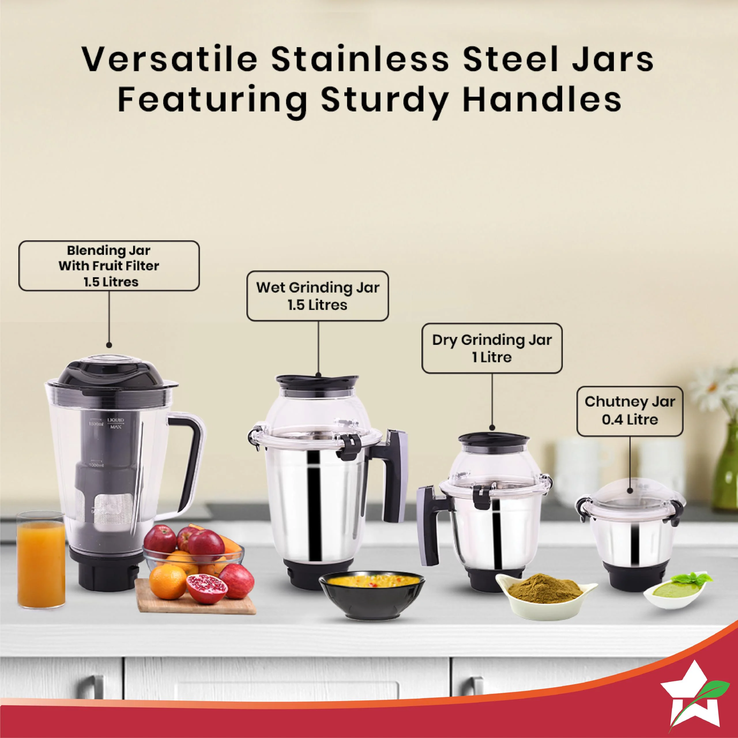 Wonderchef Galaxy Mixer Grinder 750 100% Copper Motor, 4 Stainless Steel Jars, Black & Grey, 5 Years Warranty - image 2
