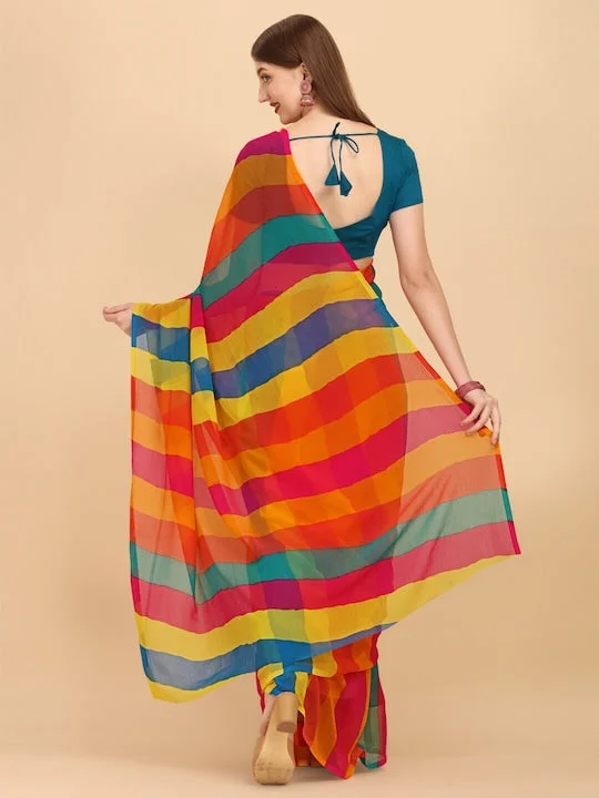 Yellow & Turquoise Blue Colourblocked Pure Chiffon Saree - image 3