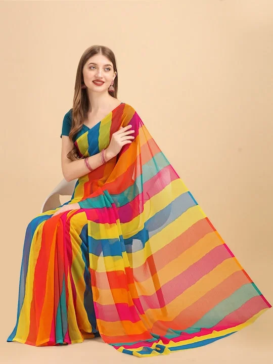 Yellow & Turquoise Blue Colourblocked Pure Chiffon Saree - image 4