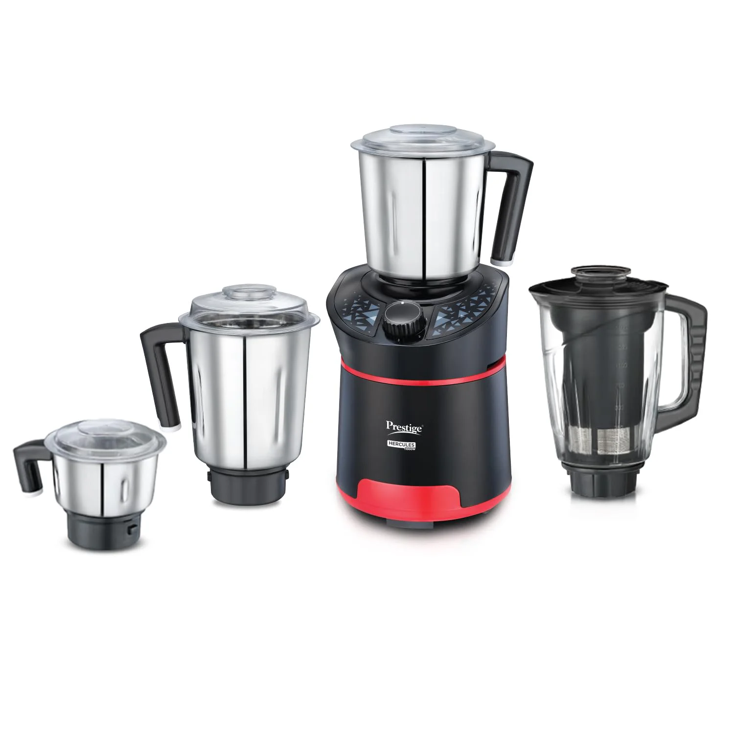 Prestige Hercules 1000W Mixer Grinder with 3 Stainless Steel jars & 1 Juicer jar|Flow-Breaker Design|Sturdy Handles|4 Super Efficient Blades|Black & Red - image 2
