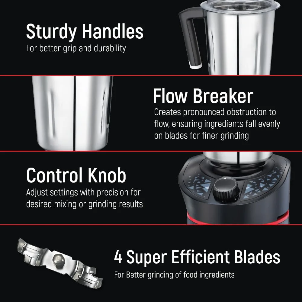 Prestige Hercules 1000W Mixer Grinder with 3 Stainless Steel jars & 1 Juicer jar|Flow-Breaker Design|Sturdy Handles|4 Super Efficient Blades|Black & Red - image 3