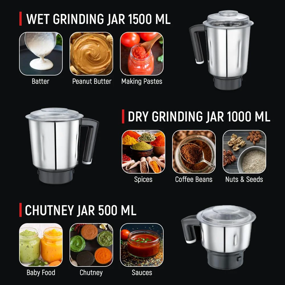 Prestige Hercules 1000W Mixer Grinder with 3 Stainless Steel jars & 1 Juicer jar|Flow-Breaker Design|Sturdy Handles|4 Super Efficient Blades|Black & Red - image 4