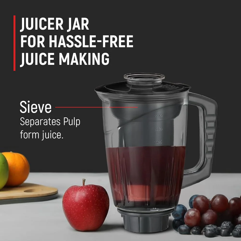 Prestige Hercules 1000W Mixer Grinder with 3 Stainless Steel jars & 1 Juicer jar|Flow-Breaker Design|Sturdy Handles|4 Super Efficient Blades|Black & Red - image 5